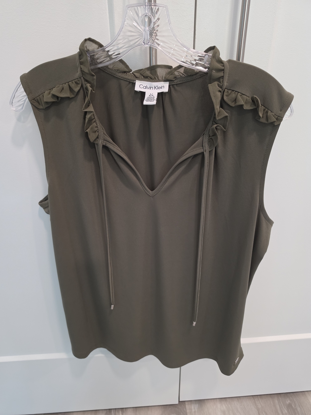 Calvin Klein Olive Ruffle Tie-Front Sleeveless Top Size L